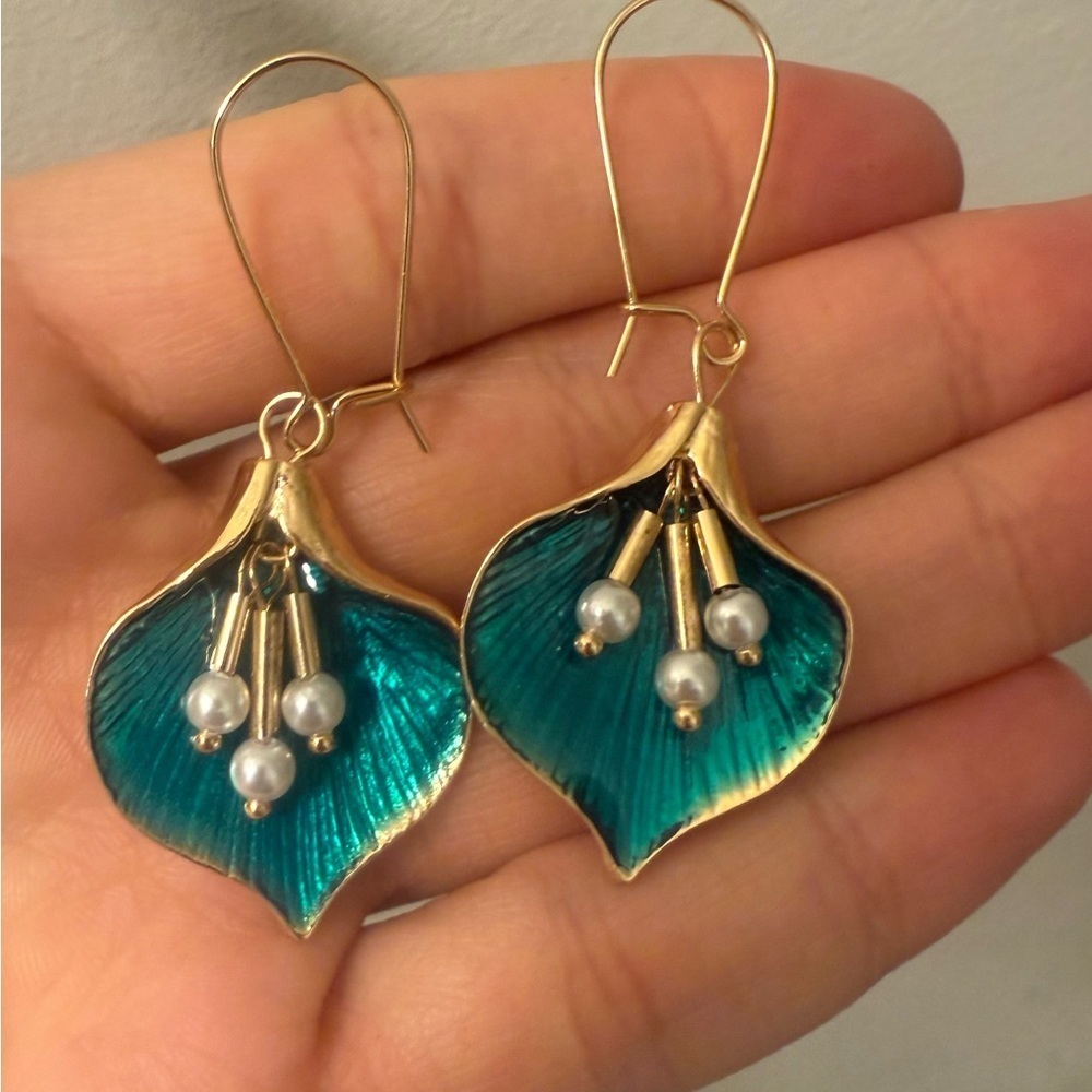 Anthropologie Gold Teal Leaf Earrings - Picture 5 of 5